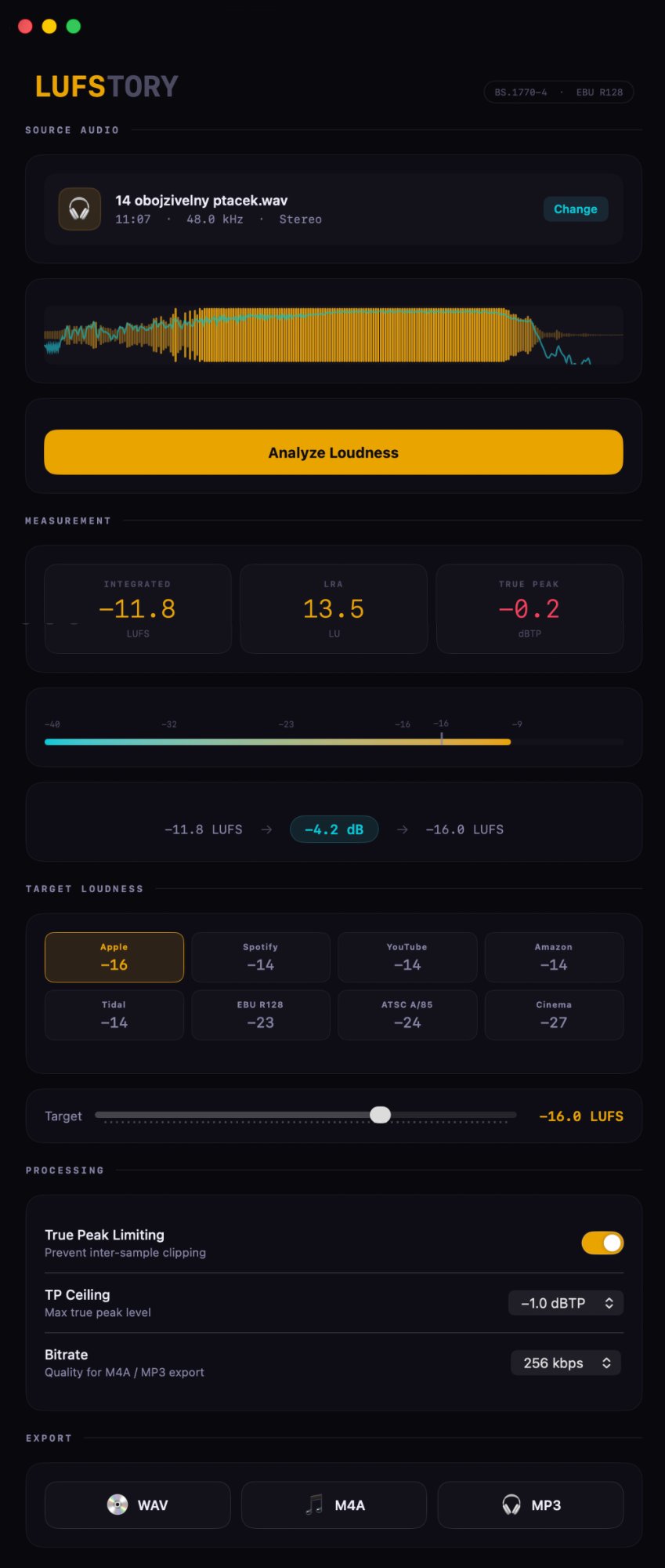 LUFStory — LUFS Loudness Meter and Normalizer for macOS, showing measurement, platform presets and export options